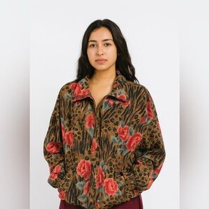 Floral Leopard Print Women's ZipUP Vintage Apparel Bomber Jacket by EVR- Size XL